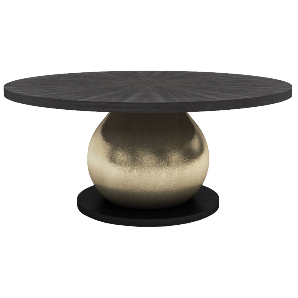 round dining table with wood starburst patterned top and silver leafed round pedestal base