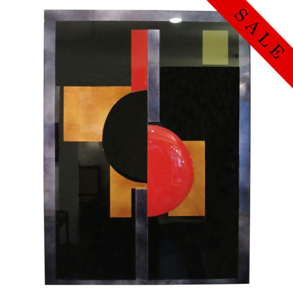 Red black green abstract lacquer panel with geometric relief shapes and gold and silver leaf