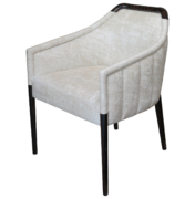 Upholstered dining arm chair with wood accents and curved back
