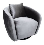 curved barrel style upholstered swivel chair with square pillow
