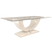 Modern lacquer dining table with glass top and stainless steel accents