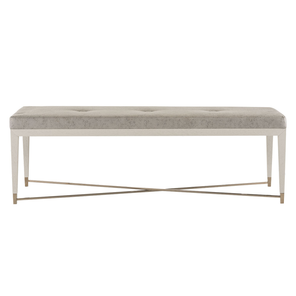 clean lined modern upholstered bench with brass metal crossbar