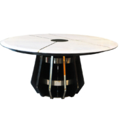 round modern dining table with white marble top and sectioned lacquer base with metal