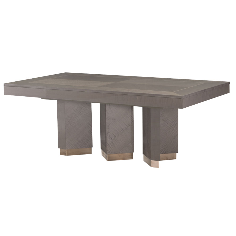 modern wood dining table with 3 angled pedestal legs with brass bases