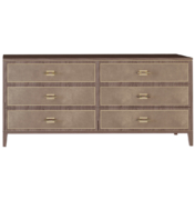 Eucalyptus wood dresser with 6 suede front drawers and smoke brass hardware pulls
