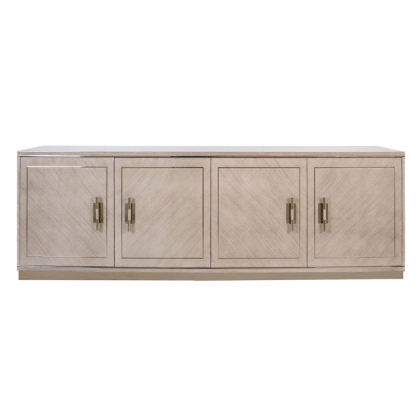 wood sideboard with 4 cabinet doors and metal hardware