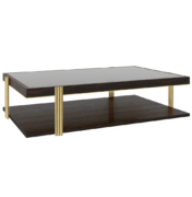 transitional ebony wood coffee table with shelf and brass metal legs