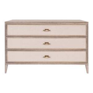 Eucalyptus wood dresser with 3 suede front drawers and smoke brass hardware pulls