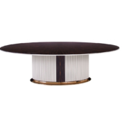 modern oval dining table with lacquered rod pedestal and metal base