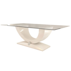 Modern lacquer dining table with glass top and stainless steel accents