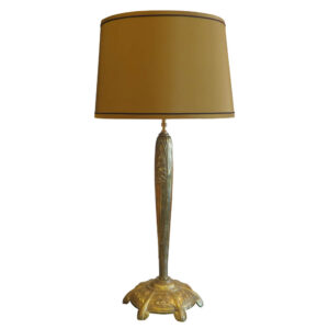 Art Deco Muller Freres table Lamp with floral relief base in brass and olive silk shade