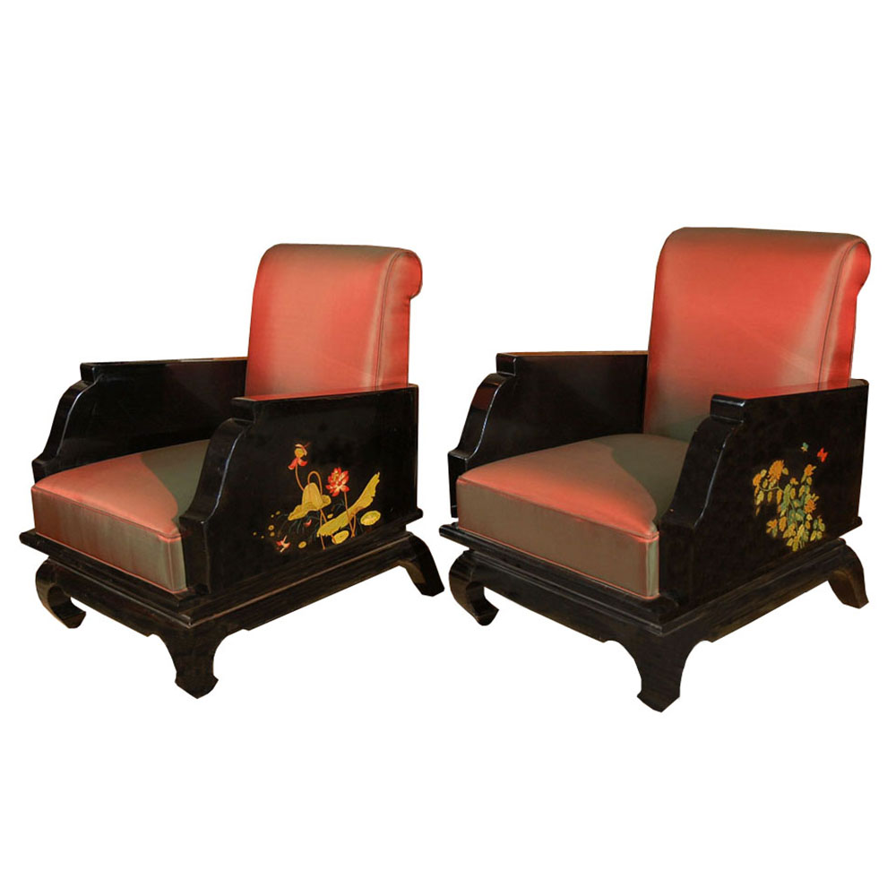 Chinoiserie chairs in black with handpainted Lotus