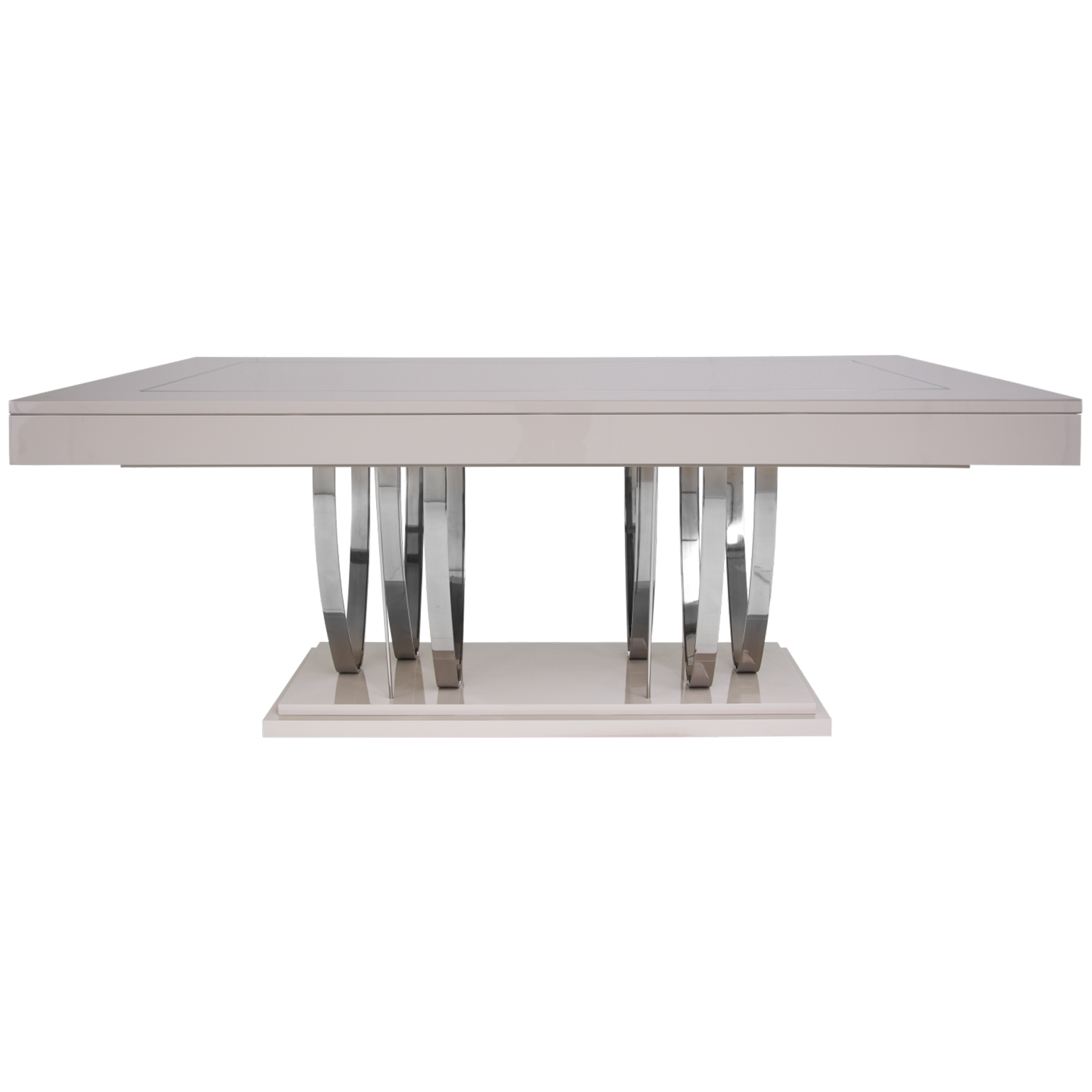Dining Table in Cream Lacquer with polished stainless steel details and stand