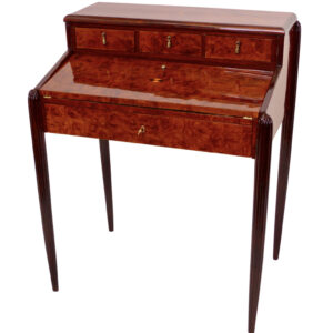 Art Deco Desk in brown wood with brass hardware.