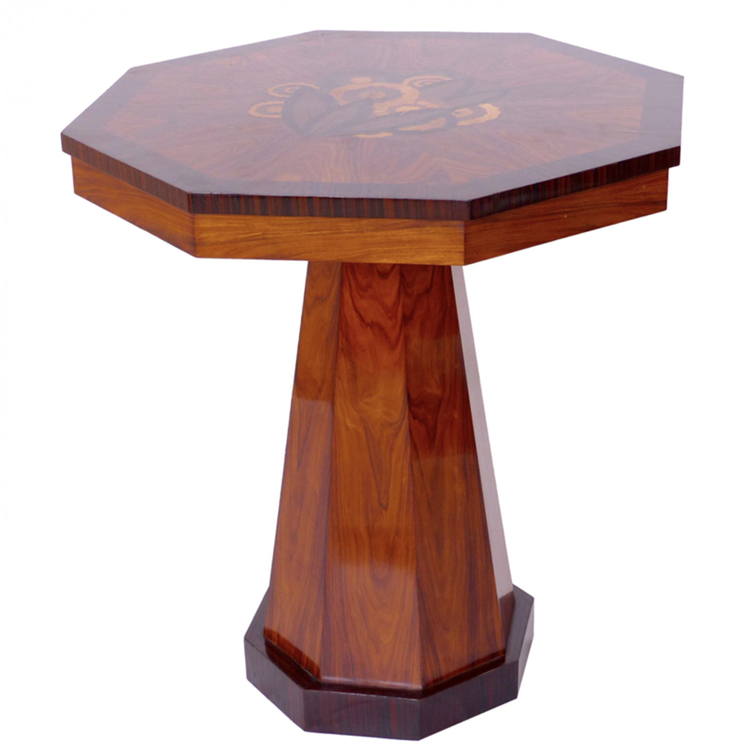 Art Deco octagonal side table made of walnut with intricate inlay in various fruit woods.
