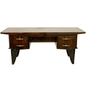 Art Deco Desk in brown Macassar wood with four drawers and shelf.