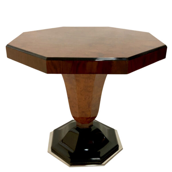 Art Deco octagonal side table with black lacquer detailing and chrome-plated bottom
