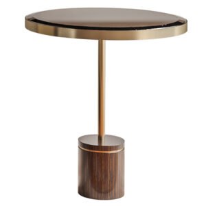The rounded kay side table in brown ebony with smoked brass details and bronze glass top.