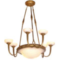 Art Deco chandelier with frosted glass and brass hardware.