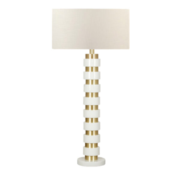 Modern white lacquer floor lamp with brass accents