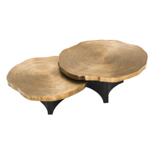Brass side tables overlapping with wood base