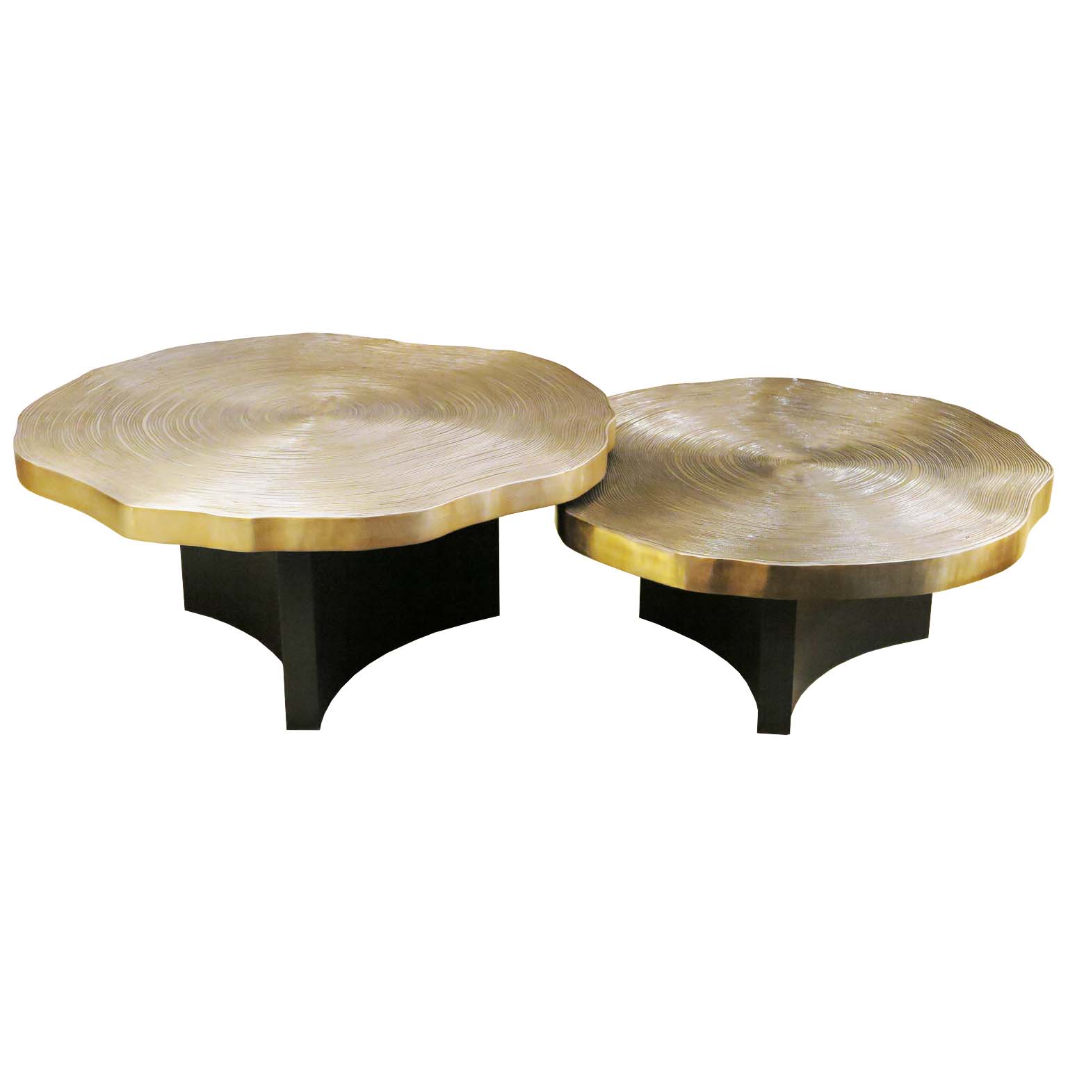 Brass side tables overlapping with wood base
