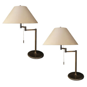 Pair of Scandinavian Mid-Century Table Lamps with adjustable brass stem and silk shade.