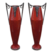 Pair of Red Enameled Vases with Silvered Bronze Handles.