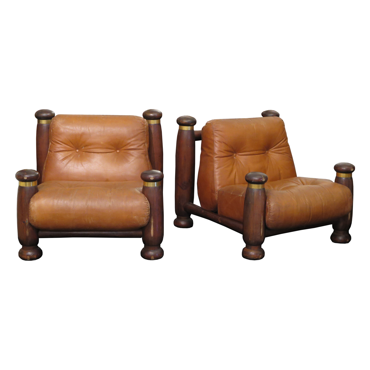 Pair of Italian Mid-Century Slipper chairs with Original Brown Leather Cushions and wood Frame