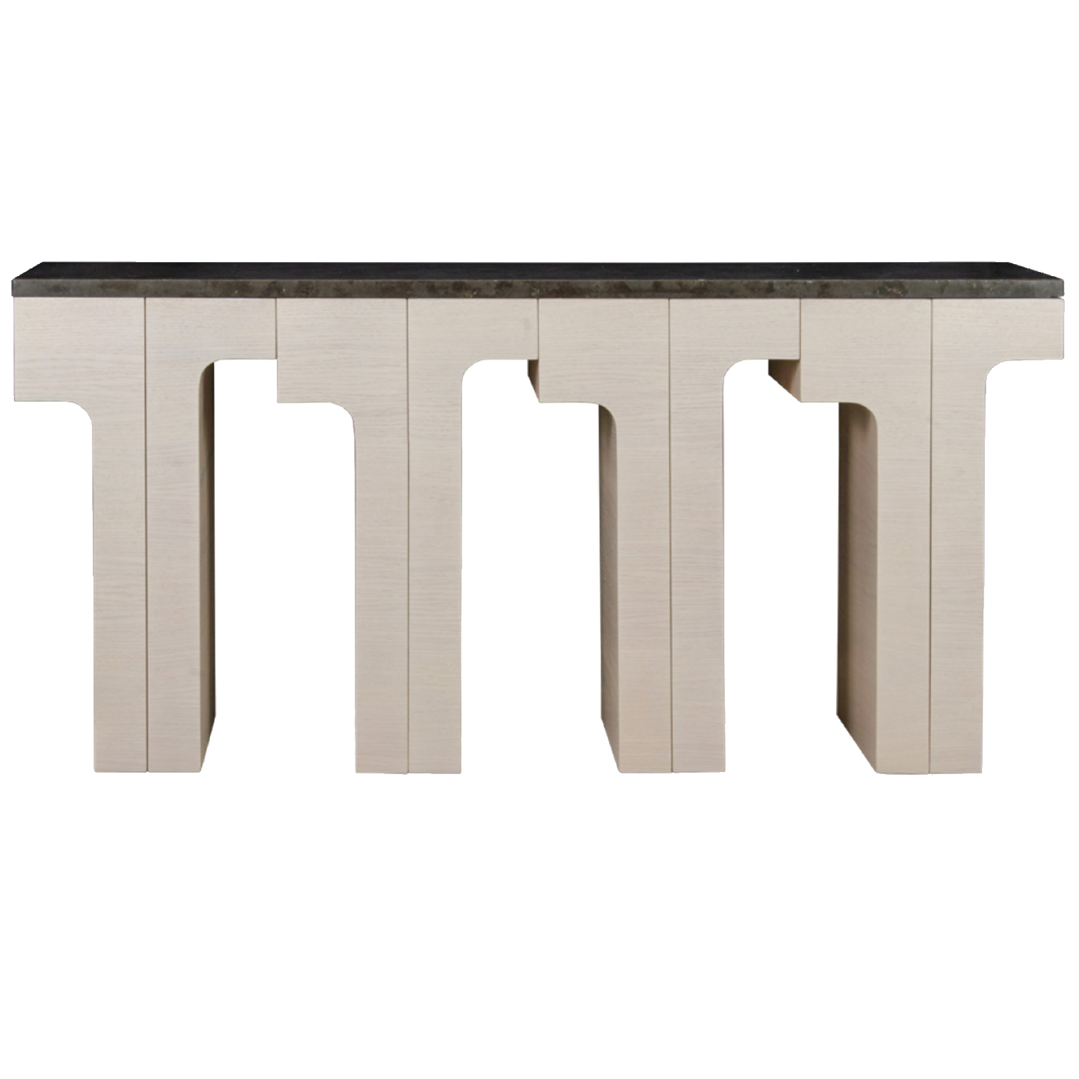 Sleek console made from white oak with an open pore matte finish with four "T" Shaped legs and Black granite top
