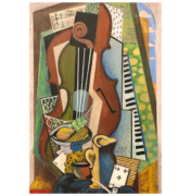 Green and Brown Cubist Painting of Violin, Piano, Musical Notes and Still Life.