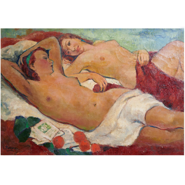Two Nude Figures Reclining, Painting by Louis Parrens