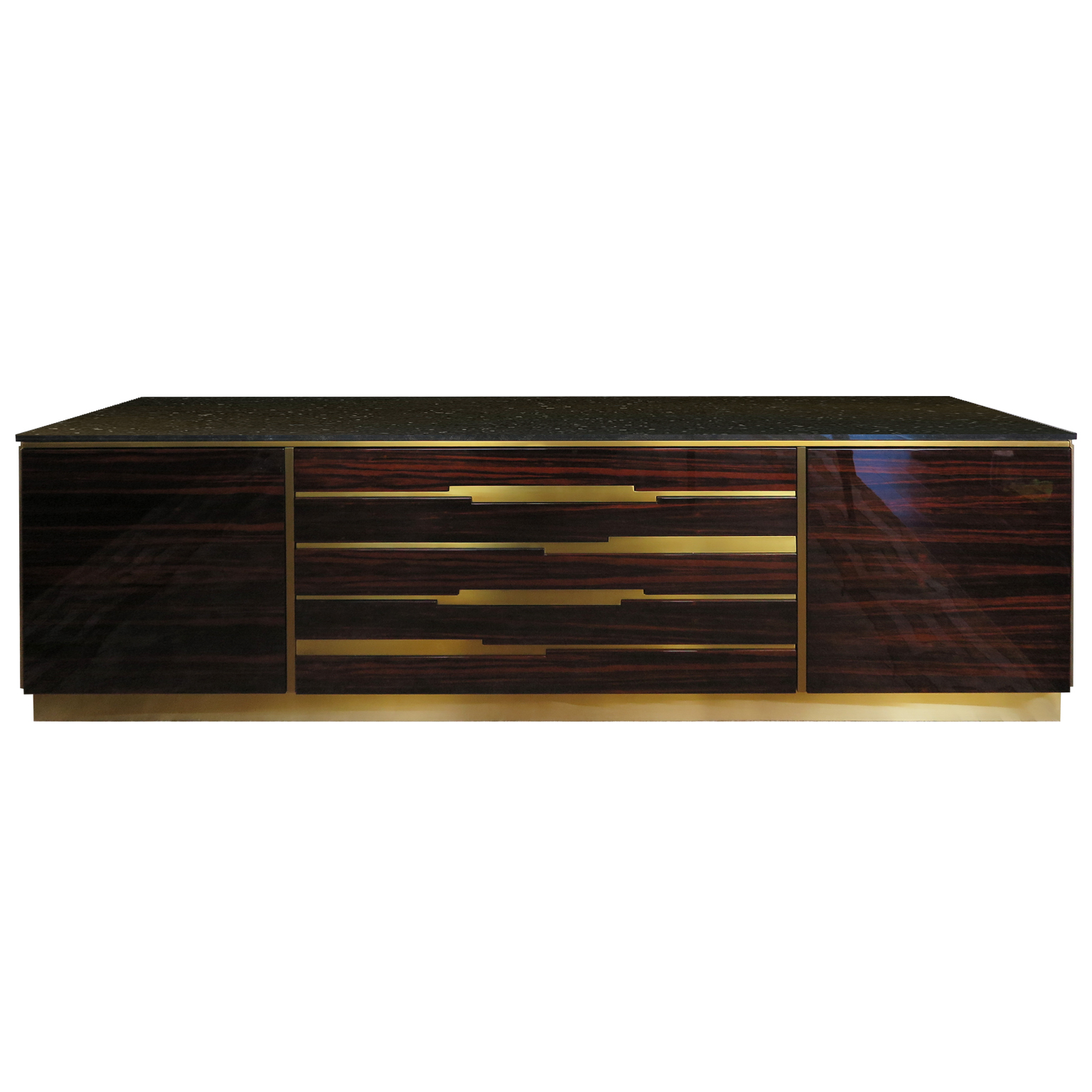 Dark Macassar Ebony Sideboard with Brushed Brass Details and accents.
