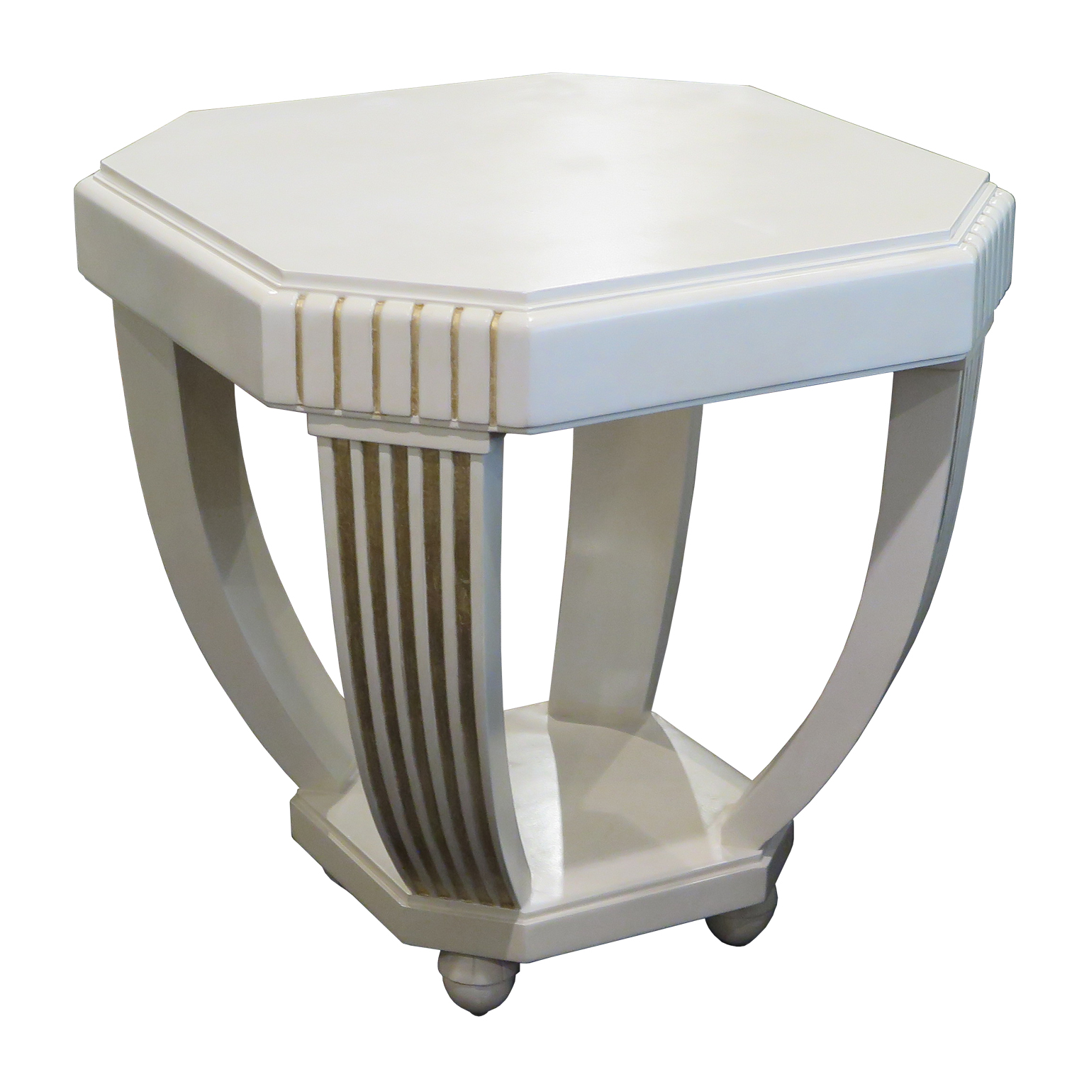 French Art Deco Side table with a ivory lacquer frame and gold leaf details.