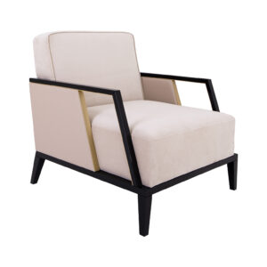 Modern lounge chair with lacquer arms and legs with smoked brass details throughout.