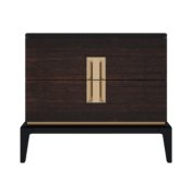 Dark Eucalyptus bedside table with black lacquer base and legs, featuring smoked brass hardware and inlay.