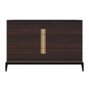 Dark Eucalyptus dresser with smoked brass hardware and inlay, featuring black lacquer top, legs and base.