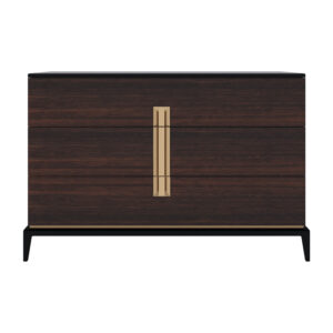 Dark Eucalyptus dresser with smoked brass hardware and inlay, featuring black lacquer top, legs and base.