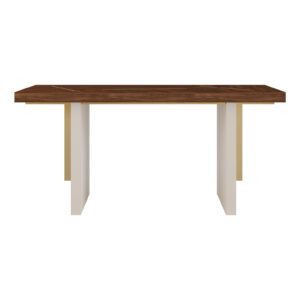 Modern console with walnut wood top, lacquer legs, and smoked brass details.
