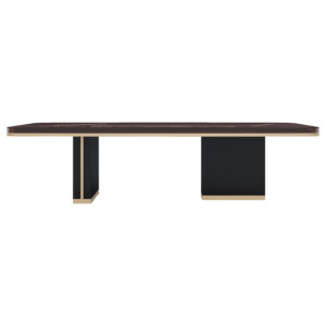 Dining table with Walnut top in high gloss finish and black lacquer legs with smoked brass details.
