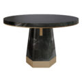 Circular dining table with Birds Eye Maple top and base in high gloss finish featuring smoked brass details