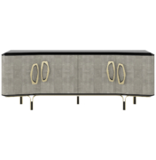 Sideboard with grey sycamore body, black lacquer top and base, smoked brass hardware, apron and legs.