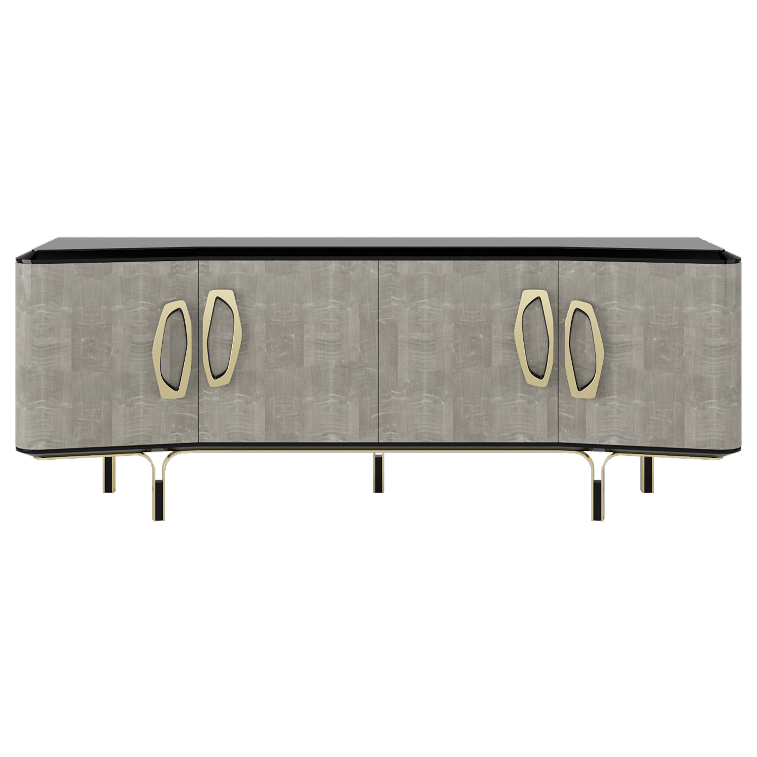 Sideboard with grey sycamore body, black lacquer top and base, smoked brass hardware, apron and legs.