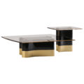 Coffee table set of two with glass top, black lacquer base and smoked brass band along the bottom.