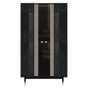 Tall cabinet with birds eye maple body in high gloss with bronze glass and smoked brass details.
