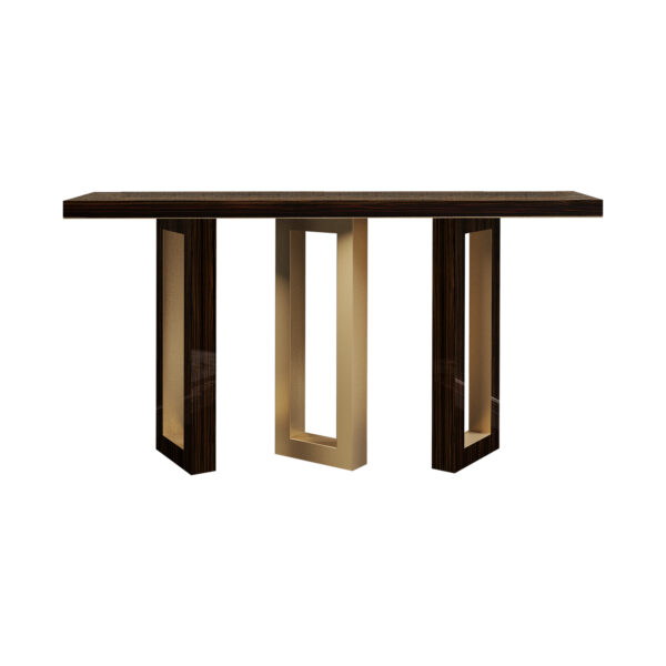 Macassar Ebony Console with brass details and three angled legs