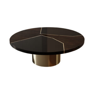 Macassar and black lacquer top with smoked brass inlay and smoked brass pedestal base.