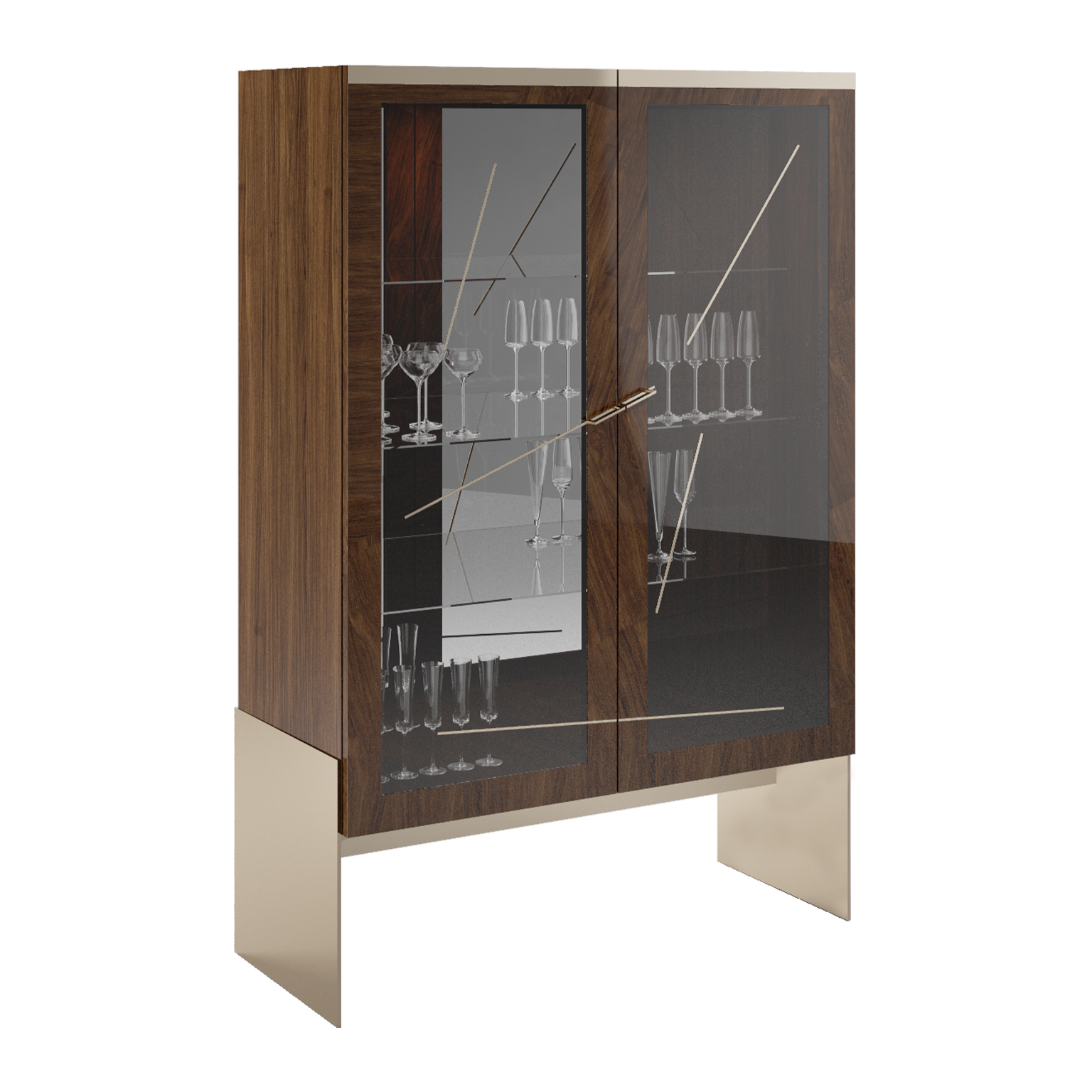 Tall cabinet with walnut wood body with high gloss finish, glass doors and smoked brass details.