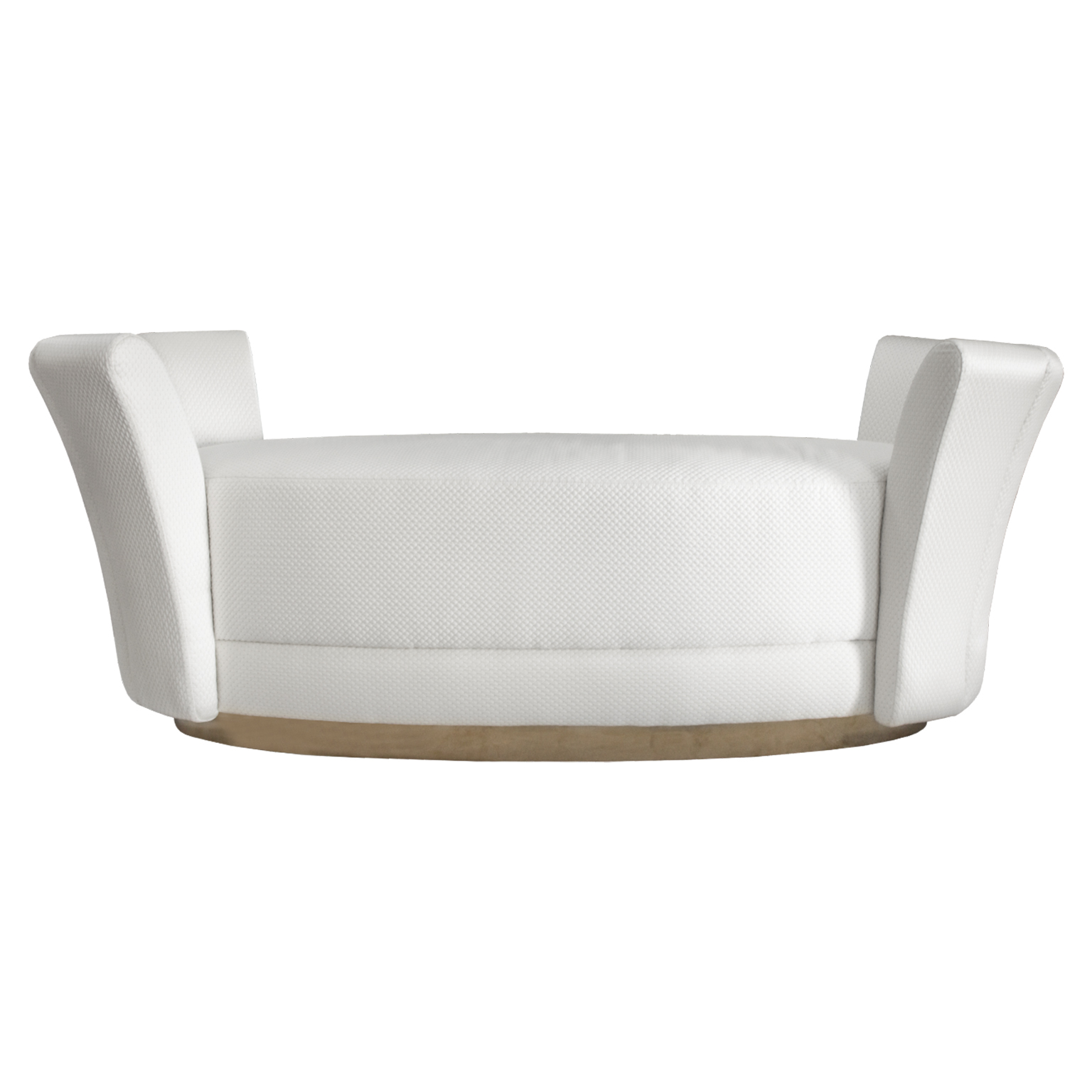 Oval Bench/Daybed with curved scalloped sides, upholstered body and smoked brass recessed base