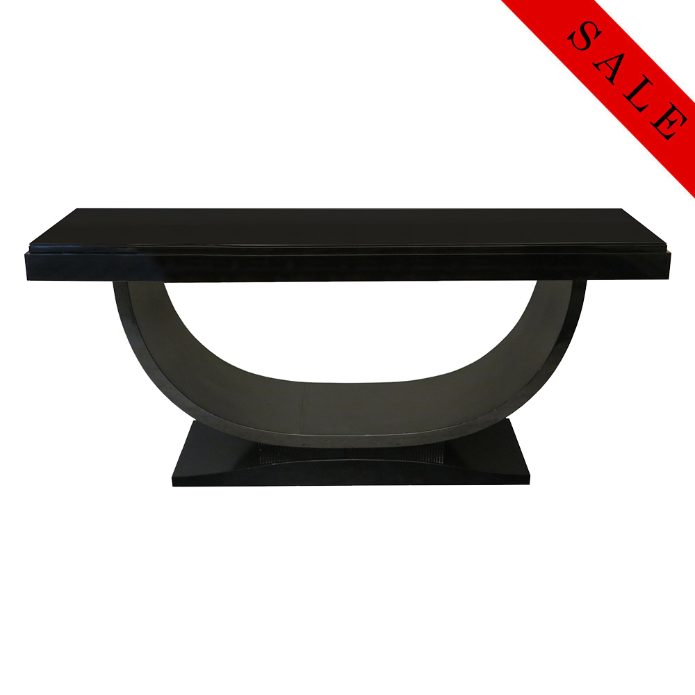 Black Lacquer Demi lune console with high gloss finish.